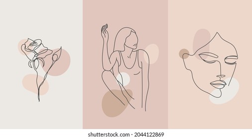 Vector minimalist style portrait. Continuous line flower, plant woman portrait. Hand drawn abstract feminine print. Use for social net stories, beauty logos, poster illustration, card, t-shirt print