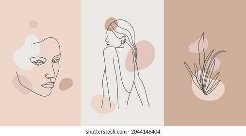 Vector minimalist style portrait. Continuous line plant and woman portrait. Hand drawn abstract feminine print. Use for social net stories, beauty logos, poster illustration, card, t-shirt print