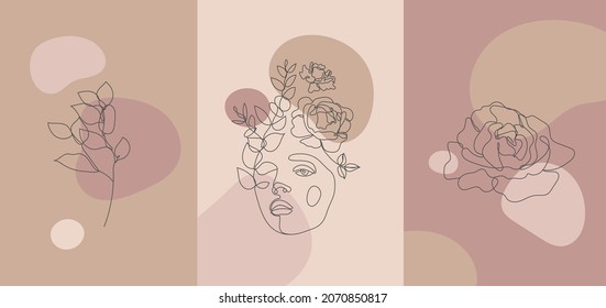 Vector minimalist style portrait. Continuous line flower, plant woman portrait. Hand drawn abstract feminine print. Use for social net stories, beauty logos, poster illustration, card, t-shirt print