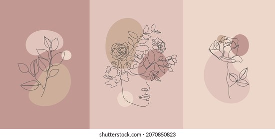 Vector minimalist style portrait. Continuous line flower, plant woman portrait. Hand drawn abstract feminine print. Use for social net stories, beauty logos, poster illustration, card, t-shirt print