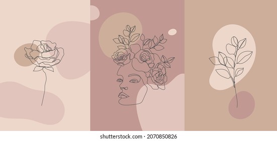 Vector minimalist style portrait. Continuous line flower, plant woman portrait. Hand drawn abstract feminine print. Use for social net stories, beauty logos, poster illustration, card, t-shirt print