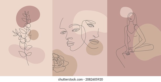 Vector minimalist style portrait. Continuous line flower, plant woman portrait. Hand drawn abstract feminine print. Use for social net stories, beauty logos, poster illustration, card, t-shirt print.