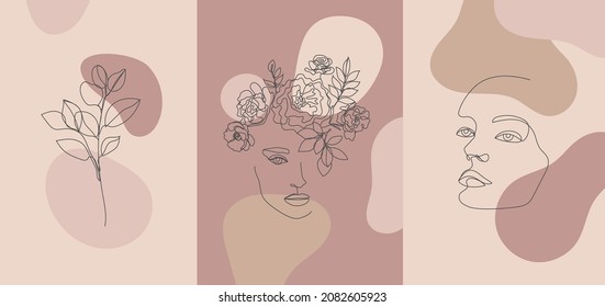 Retrato de estilo vectorial minimalista. Flor de línea continua, retrato de mujer de planta. Hubiera dibujado una huella femenina abstracta. Uso para historias de redes sociales, logotipos de belleza, ilustración de afiches, tarjeta, impresión de camisetas.