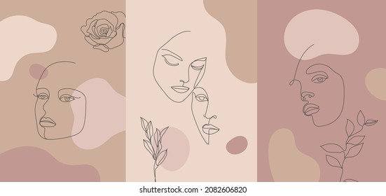 Retrato de estilo vectorial minimalista. Flor de línea continua, retrato de mujer de planta. Hubiera dibujado una huella femenina abstracta. Uso para historias de redes sociales, logotipos de belleza, ilustración de afiches, tarjeta, impresión de camisetas.