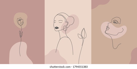 Retrato de estilo vectorial minimalista. Flor de línea, retrato de mujer. Hubiera dibujado una huella femenina abstracta. Uso para historias de redes sociales, logotipos de belleza, ilustración de afiches, tarjeta, impresión de camisetas