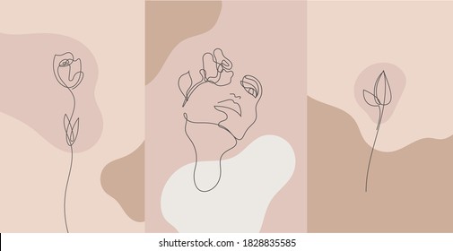 Vector minimalist style portrait. Line flower, woman portrait. Hand drawn abstract feminine print. Use for social net stories, beauty logos, poster illustration, card, t-shirt print, stories