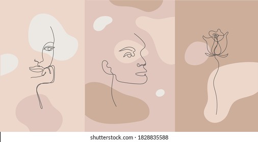 Vector minimalist style portrait. Line flower, woman portrait. Hand drawn abstract feminine print. Use for social net stories, beauty logos, poster illustration, card, t-shirt print, stories