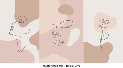Retrato de estilo vectorial minimalista. Flor de línea, retrato de mujer. Hubiera dibujado una huella femenina abstracta. Uso para historias de redes sociales, logotipos de belleza, ilustración de afiches, tarjeta, impresión de camisetas