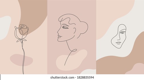 Vector minimalist style portrait. Line flower, woman portrait. Hand drawn abstract feminine print. Use for social net stories, beauty logos, poster illustration, card, t-shirt print, stories