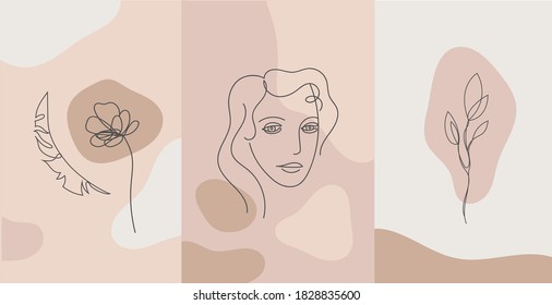 Retrato de estilo vectorial minimalista. Flor de línea, retrato de mujer. Hubiera dibujado una huella femenina abstracta. Uso para historias de redes sociales, logotipos de belleza, ilustración de afiches, tarjeta, impresión de camisetas