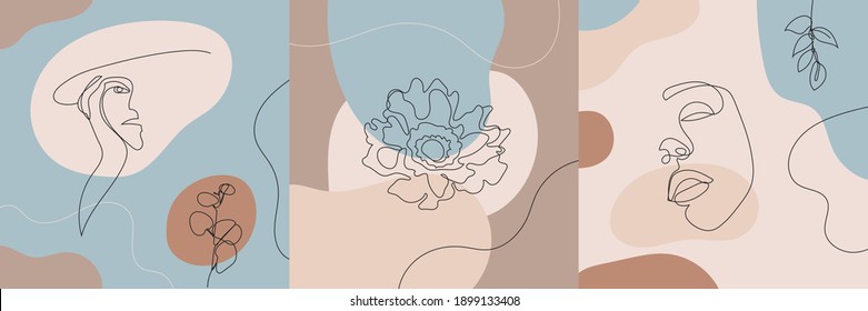 Vector minimalist style portrait. Line flower, woman portrait. Hand drawn abstract feminine print. Use for social net stories, beauty logos, poster illustration, card, t-shirt print