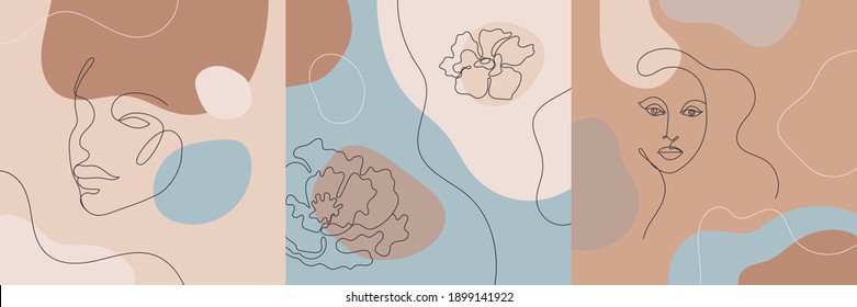 Vector minimalist style portrait. Line flower, woman portrait. Hand drawn abstract feminine print. Use for social net stories, beauty logos, poster illustration, card, t-shirt print