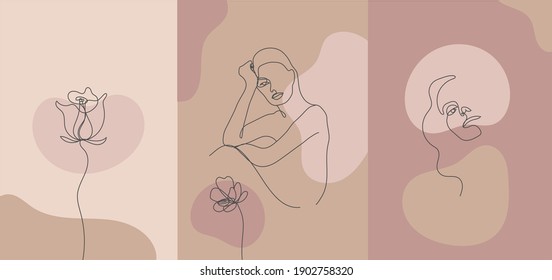 Vector minimalist style portrait. Line flower, woman portrait. Hand drawn abstract feminine print. Use for social net stories, beauty logos, poster illustration, card, t-shirt print