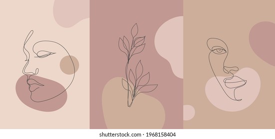 Vector minimalist style portrait. Line flower, woman portrait. Hand drawn abstract feminine print. Use for social net stories, beauty logos, poster illustration, card, t-shirt print