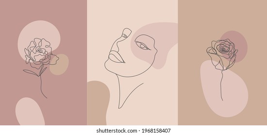 Retrato de estilo vectorial minimalista. Flor de línea, retrato de mujer. Hubiera dibujado una huella femenina abstracta. Uso para historias de redes sociales, logotipos de belleza, ilustración de afiches, tarjeta, impresión de camisetas