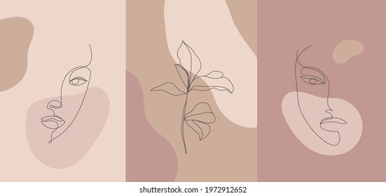 Vector minimalist style portrait. Line flower, woman portrait. Hand drawn abstract feminine print. Use for social net stories, beauty logos, poster illustration, card, t-shirt print