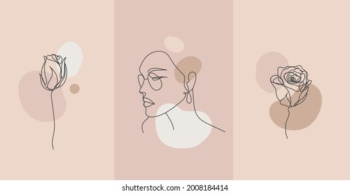 Vector minimalist style portrait. Line flower, woman portrait. Hand drawn abstract feminine print. for social net stories, beauty logos, poster illustration, card, t-shirt print. Art woman line face 