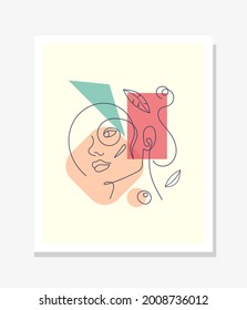 Vector minimalist style portrait. Line flower, woman portrait. Hand drawn abstract feminine print. Use for social net stories, beauty logos, poster illustration, card, t-shirt print