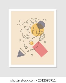 Vector minimalist style portrait. Line flower, woman portrait. Hand drawn abstract feminine print. Use for social net stories, beauty logos, poster illustration, card, t-shirt print