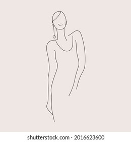 Vector minimalist style portrait. Line woman posing illustration, fashion model. Hand drawn abstract feminine print. Use for social net stories, beauty logos, poster illustration, card, t-shirt print