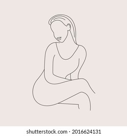 Vector minimalist style portrait. Line woman illustration, sitting, posing. Hand drawn abstract feminine print. Use for social net stories, beauty logos, poster illustration, card, t-shirt print