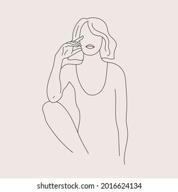 Retrato de estilo vectorial minimalista. Ilustración de una mujer en línea, sentada, posando. Hubiera dibujado una huella femenina abstracta. Uso para historias de redes sociales, logotipos de belleza, ilustración de afiches, tarjeta, impresión de camisetas