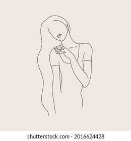 Retrato de estilo vectorial minimalista. Ilustración de una mujer de línea, pelo largo, posando. Hubiera dibujado una huella femenina abstracta. Uso para historias de redes sociales, logotipos de belleza, ilustración de afiches, tarjeta, impresión de camisetas