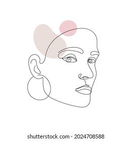 Vector minimalist style portrait. Line, continuous linear woman with spots. Hand drawn abstract feminine print. Use for social net stories, beauty logos, poster illustration, card, t-shirt print