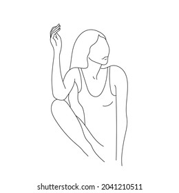 Vector minimalist style portrait. Line woman illustration, sitting, posing. Hand drawn abstract feminine print. Use for social net stories, beauty logos, poster illustration, card, t-shirt print