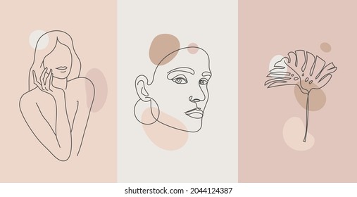 Vector minimalist style portrait. line monstera and woman portrait. Hand drawn abstract feminine print. Use for social net stories, beauty logos, poster illustration, card, t-shirt print
