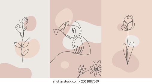 Vector Minimalist Style Portrait. Line Flower, Woman Portrait. Hand Drawn Abstract Feminine Print. Use For Social Net Stories, Beauty Logos, Poster Illustration, Card, T-shirt Print