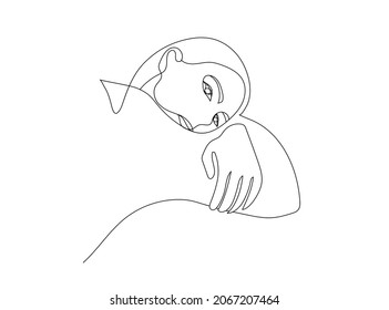 Vector minimalist style portrait. Line woman hand drawn abstract feminine print. Sad, depression, laying. Monoline illustration
