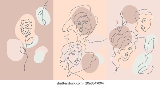 Vector minimalist style portrait. Line flower, woman portrait. Hand drawn abstract feminine print. Use for social net stories, beauty logos, poster illustration, card, t-shirt print