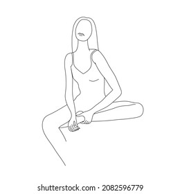 Vector minimalist style portrait. Line woman illustration, sitting, posing. Hand drawn abstract feminine print. Use for social net stories, beauty logos, poster illustration, card, t-shirt print