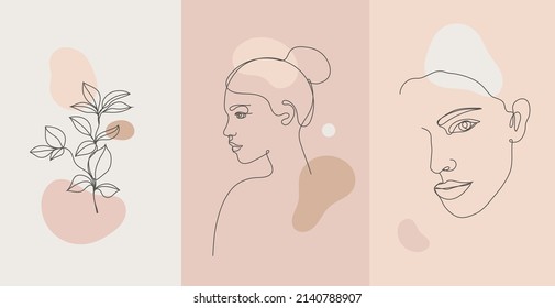 Vector minimalist style portrait. Line flower, woman portrait. Hand drawn abstract feminine print. for social net stories, beauty logos, poster illustration, card, t-shirt print. Art woman line face.
