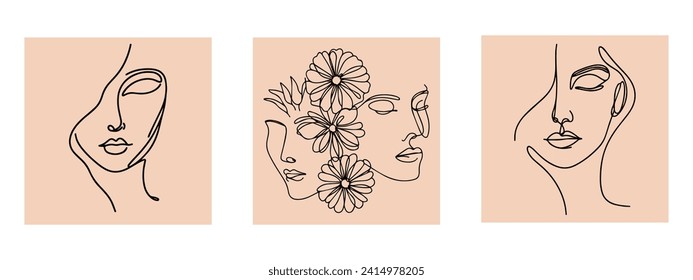 Retrato de estilo vectorial minimalista. Flor de línea, retrato de mujer. Hubiera dibujado una huella femenina abstracta. Uso para historias de redes sociales, logotipos de belleza, ilustración de afiches, tarjeta, impresión de camisetas