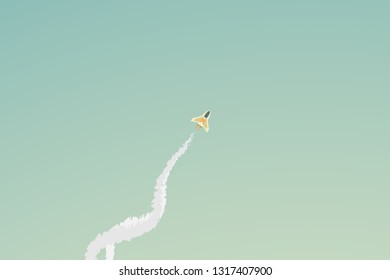 Vector Minimalist style rocket flying over cloud