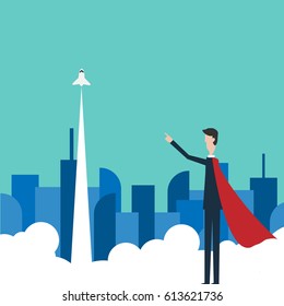 Vector Minimalist style White paper planes flying in sky. Leadership, success, teamwork, management, boss, motivation and business concept.