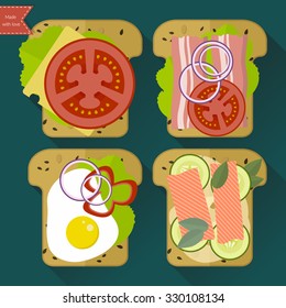 Vector minimalist toast in a flat design. Stylish sandwich icons