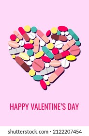 vector minimalist Valentine's day card. heart, laid out from medical multi-colored pills isolated on a pink background. romantic holiday during the global pandemic. useful for postcard, poster, print.