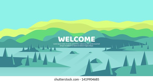 Vector minimalist wallpaper. Flat design. Landscape with shadows. Marshland with islands. Slopes on the background