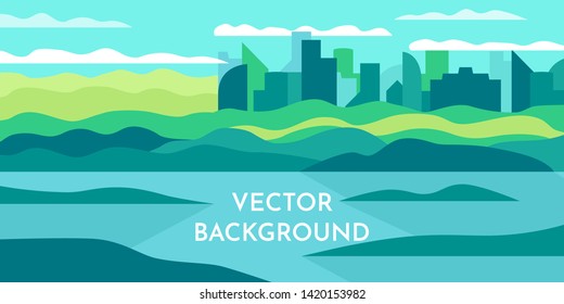 Vector minimalist wallpaper. Flat design. Landscape with shadows. Marshland with islands. Slopes and city