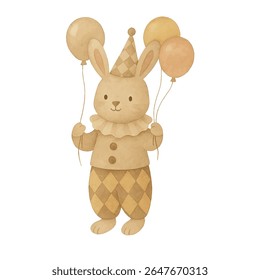 Vector minimalist watercolor bunny in a pastel costume holding balloons. Cute nursery art perfect for kids' decor, prints, cards, and baby shower themes.