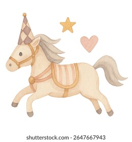 Vector minimalist watercolor illustration of a circus pony unicorn, designed in soft pastel tones. For cards, posters, baby shower invitations, kids product designs. 