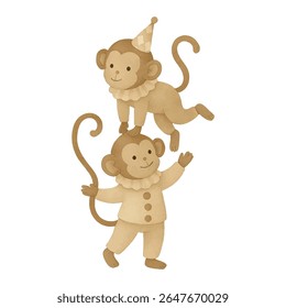 Vector minimalist watercolor illustration of circus monkeys, playfully designed in soft pastel colors. Feature fun costumes. For nursery wall art, birthday cards, posters, baby shower invitations.