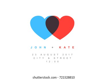 Vector Minimalist Wedding invitation card template with two hearts silhouettes icons