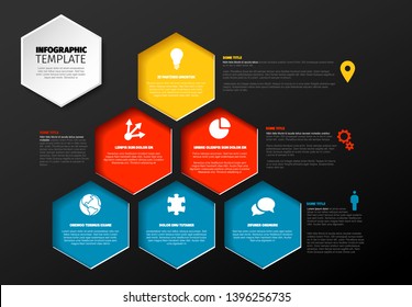 Vector Minimalist yellow, red and blue color Infographic template with hexagons in a big pyraimd - dark version