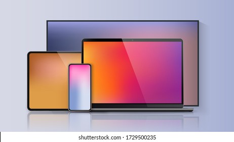 Vector minimalistic 3d illustration set device  Realistic smartphone laptop  tablet  tv  Soft color mesh gradient background  Vector isolated device screen for graphics presentations wallpaper design 