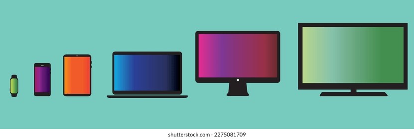 Vector minimalistic 3d illustration set device. Realistic smartphone laptop, tablet, tv. Soft color mesh gradient background. Vector isolated device screen for graphics presentations wallpaper design.