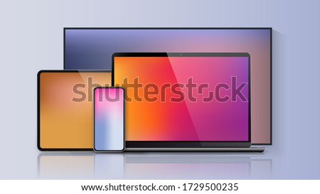 Vector minimalistic 3d illustration set device. Realistic smartphone laptop, tablet, tv. Soft color mesh gradient background. Vector isolated device screen for graphics presentations wallpaper design.